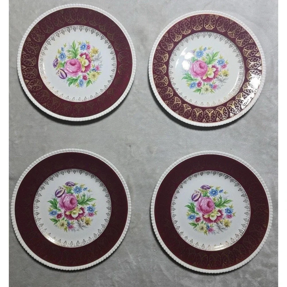 Simpsons Potters Solian Ware Dinner Plates Maroon 777 (4)‎  *crazing, chip
